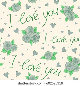 Stylized doodle hearts, rose flower and love letter seamless pattern in green and gray colors. Vector ornament, Valentines day sketch.