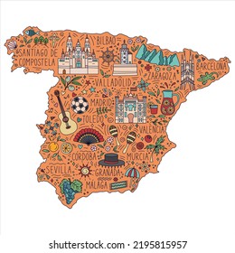 Stylized doodle illustrated map of Spain. Landmarks, attractions and cities. Travel concept. Vector illustration.