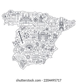 Stylized doodle illustrated map of Spain. Landmarks, attractions and cities. Travel concept. Monochrome vector illustration.