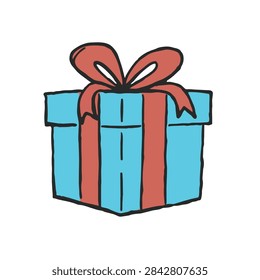 A stylized doodle illustration of a blue square gift box wrapped with a red ribbon and a bow on top.