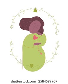 Stylized, doodle illustration of a pregnant African American woman..Cartoon illustration of a woman expecting a baby surrounded by a frame of plants..The connection of two hearts, a mother's love