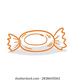 A stylized doodle illustration of a single wrapped candy with orange outlines on a white background