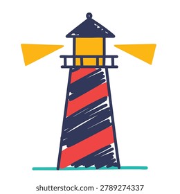 A stylized doodle illustration of a striped lighthouse emitting light beams from the lantern room