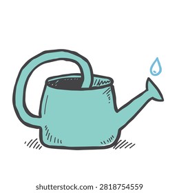 A stylized doodle of a light blue watering can with a single water droplet emerging from the spout isolated on a white background