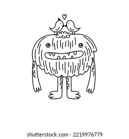 A stylized doodle monster. A kind monster with two birds on its head Vector illustration on a white background