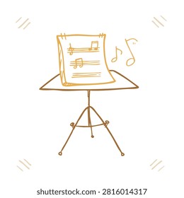 A stylized doodle of a music stand holding a sheet of music with floating musical notes in a simple sketchy aesthetic.
