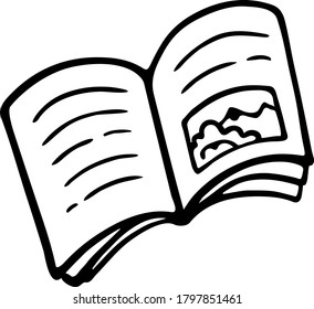 Un estilizado libro abierto de doodle con texto e ilustración. Leyendo literatura imaginativa. Esbozo vectorial dibujado a mano. Bordes negros aislados en un fondo blanco. 