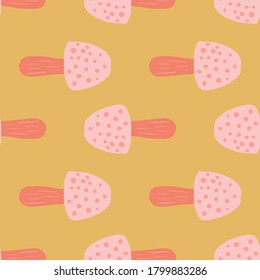 Stylized doodle seamless pattern with mushrooms. Orange background with pink wild amanitas elements. Great for wallpaper, textile, wrapping paper, fabric print. Vector illustration.