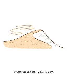 A stylized doodle of a single desert sand dune with wind lines blowing over the top on a white background