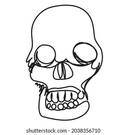 Stylized doodle skull in one line on white. Vector scary face on isolate. A symbol of death and hopelessness. Element for Halloween. Editable stroke.