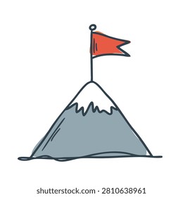 A stylized doodle of a snowy mountain summit topped with a red pennant flag representing success and achievement