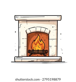 A stylized doodle of a stone fireplace featuring a bright orange and yellow fire burning on a metal grate