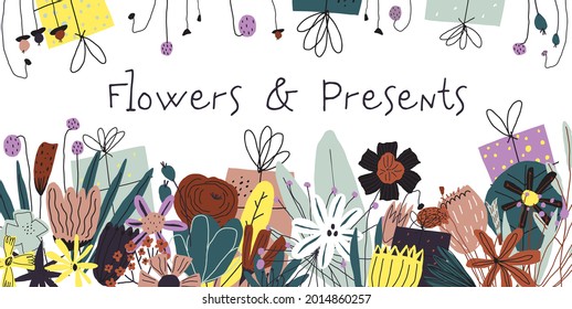 Stylized doodle style colorful funny flowers and gift boxes. Vector illustration