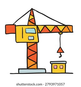 A stylized doodle of a yellow and orange construction crane with a hook lifting a small yellow container on a white background