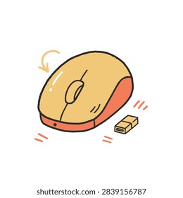 A stylized doodle of a yellow wireless mouse with an orange base and a small USB dongle on a white background