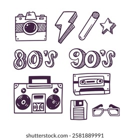 Stylized doodles that beautifully capture the vibrant essence of 80s and 90s pop culture using iconic symbols