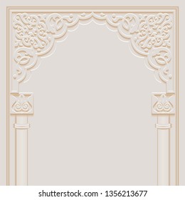 Stylized door in arabic architectural style arch with ornamental patterned stone relief and pillars of islamic mosque, greeting card for Ramadan Kareem