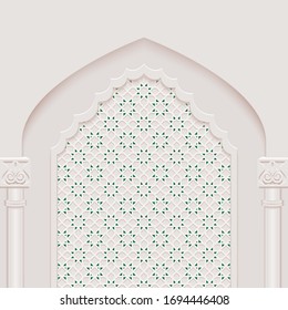 Stylized door in arabic architectural style arch with ornamental patterned stone relief and pillars of islamic mosque,greeting card for Ramadan Kareem