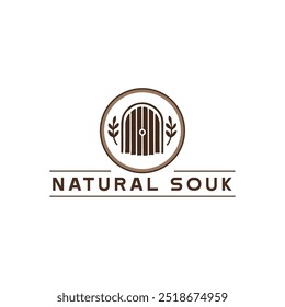 Una puerta estilizada enmarcada por ramas de olivo, que simboliza la tradición y la naturaleza. La tipografía limpia de "Natural Souk" y los tonos marrones terrosos crean una estética acogedora, orgánica y rústica, editable