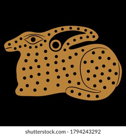 Stylized dotted hare or rabbit. Ancient Etruscan motif. Folk style. Monochrome silhouette.