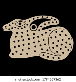 Stylized dotted hare or rabbit. Ancient Etruscan motif. Folk style. Monochrome silhouette.