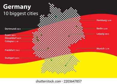 Mapa estilizado del vector de puntos Alemania. Infografía con 10 ciudades más grandes y bandera alemana como fondo. Ilustración del vector