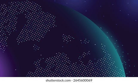 Stylized dotted world map with glowing earth effect and digital tech theme on a dark starry gradient background