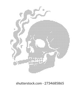 A stylized dotwork illustration of a skull wearing a hat and smoking a cigarette
