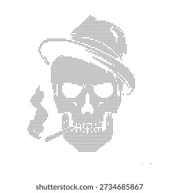 A stylized dotwork illustration of a skull wearing a hat and smoking a cigarette
