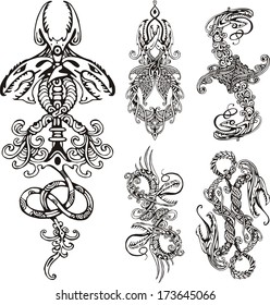 Stylized double dragons. Set of black and white vector illustrations.