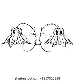 Stylized double flower. Folk style. Cute floral motif. Aquilegia blossom. Hand drawn linear doodle ink sketch. Black silhouette on white background.