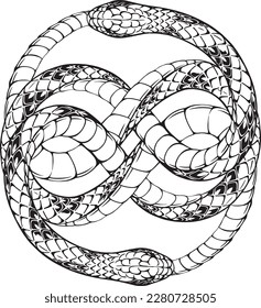 Doble nudo estilizado Ouroboros. Símbolo anticuado de serpiente mordiendo su cola. Arte de línea, estilo de esbozo