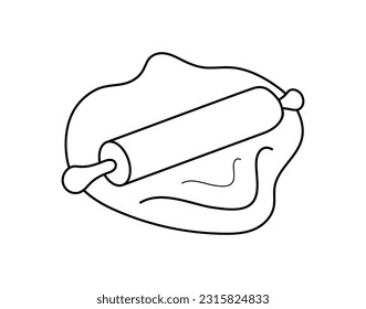 Stylized dough, rolling pin and kitchen utensils. Logo, sign. Black outline hand drawn vector illustration.  Shop, bakery, pastry shop design. 