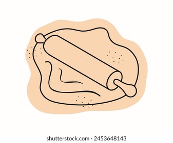 Stylized dough, rolling pin. Kitchenware. Logo, sign. Design for cooking, bakery, confectionery. Hand drawn vector illustration.