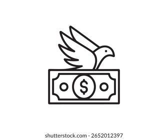 Pomba estilizada com ícone de nota de dólar representando a paz financeira e a prosperidade isolada no fundo branco