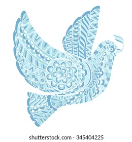Stylized dove with olive branch style zentangle on a white background.