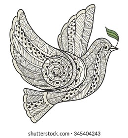 Stylized dove with olive branch style zentangle on a white background.