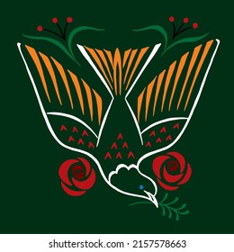 Stylized dove of peace with branch and flowers drawing. Design colorful element for t-shirt print.