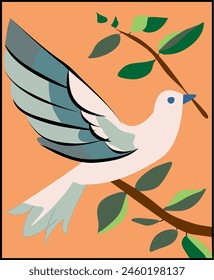 A stylized dove  peace with outstretched wings is depicted mid-flight against a warm, orange background. The bird carries an olive branch