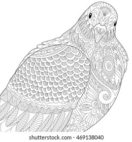 Stylized dove or pigeon bird, isolated on white background. Freehand sketch for adult anti stress coloring book page with doodle and zentangle elements.