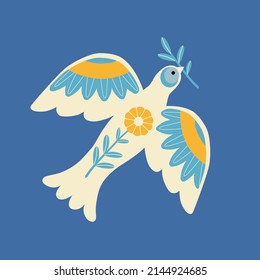 Stylized dove, symbol of peace. Vector icon isolated on a blue background. Peace to Ukraine. 