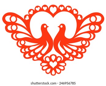 Stylized doves on the background of openwork heart