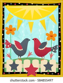 Stylized Doves On Fence - Country style red and blue doves standing on a white picket fence. Eps10