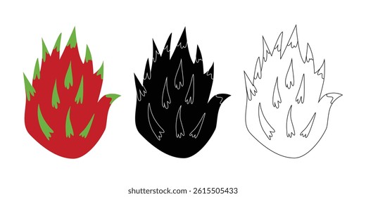 Stylized dragon fruit illustrations in red, black, and line art.  Perfect for design projects.