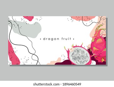 Stylized dragon fruit on an abstract background. Ripe pitahaya. Card, banner, poster, sticker, print, advertising material. Vector illustration.