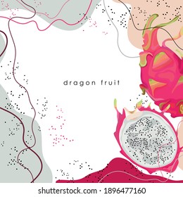 Fruta estilizada de dragón sobre un fondo abstracto. Ripe pitahaya. Tarjeta, banner, afiche, pegatina, impresión, material publicitario. Ilustración vectorial.