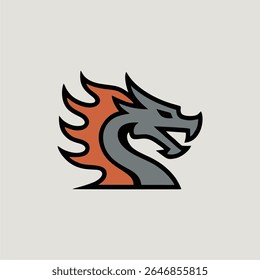 A stylized dragon head profile with fiery orange accents and a gray body, set against a neutral background.