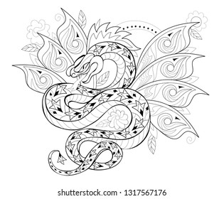Stylized dragon in jungle. Black and white page for coloring book. Pattern for modern print, embroidery, Henna, Mehndi, tattoo and decoration. Hand-drawn vector image on computer by graphic tablet.