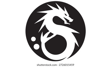 Stylized dragon logo with spiky mane in black and white circular emblem with abstract tail