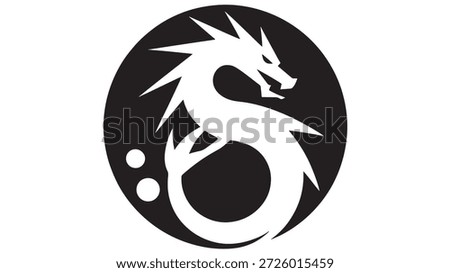 Stylized dragon logo with spiky mane in black and white circular emblem with abstract tail
